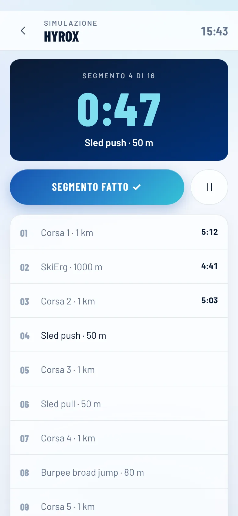 La simulazione HYROX con il cronometro a segmenti