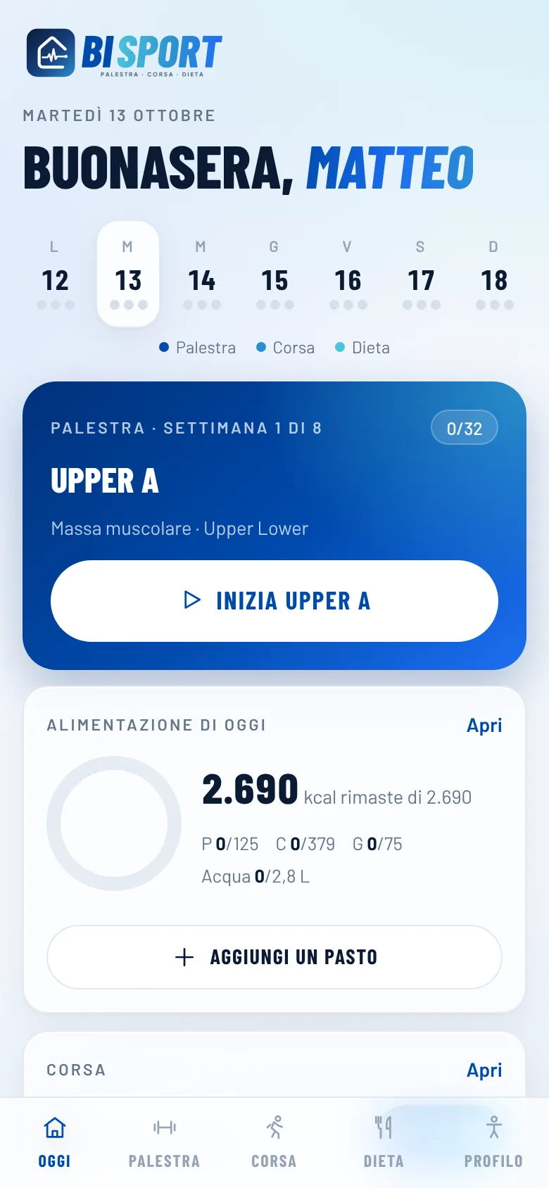 La schermata Oggi di BI Sport con l'allenamento della giornata pronto da iniziare