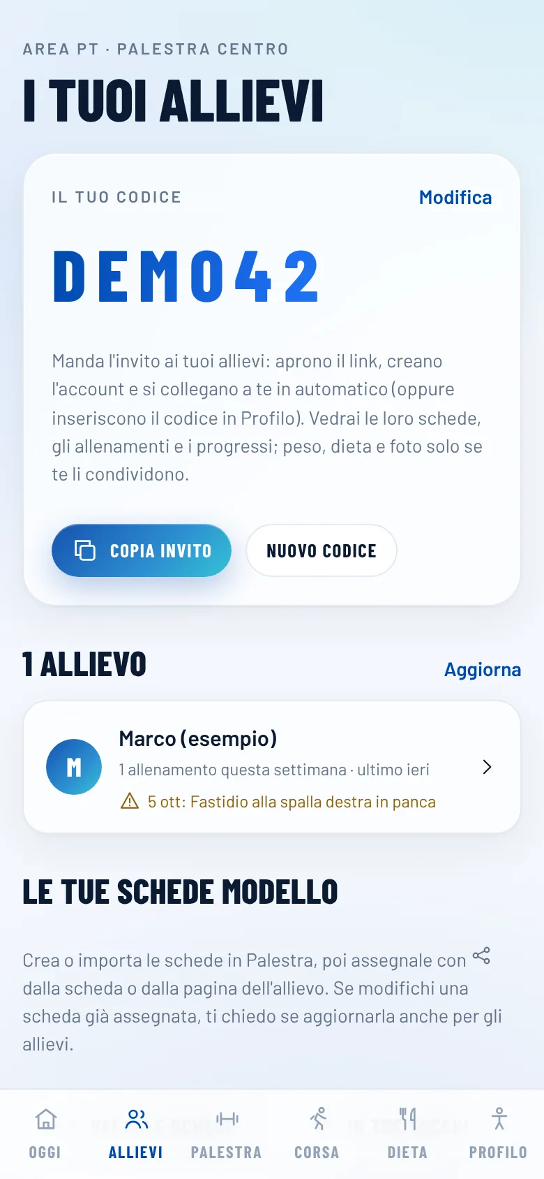 Area del personal trainer con il codice e l'elenco degli allievi
