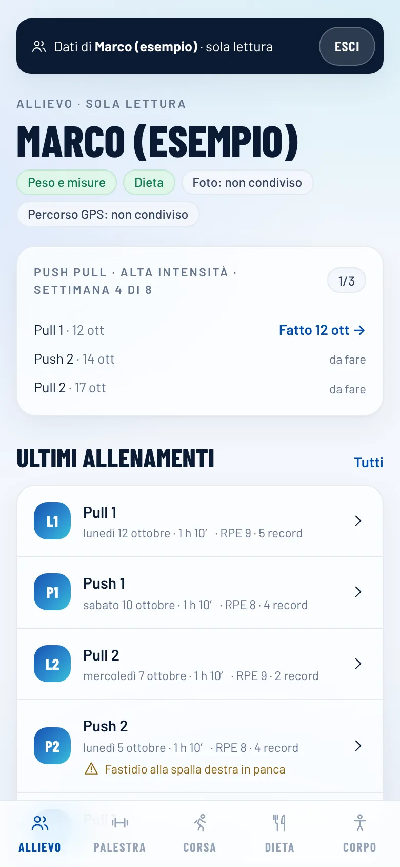 La pagina di un allievo vista dal personal trainer